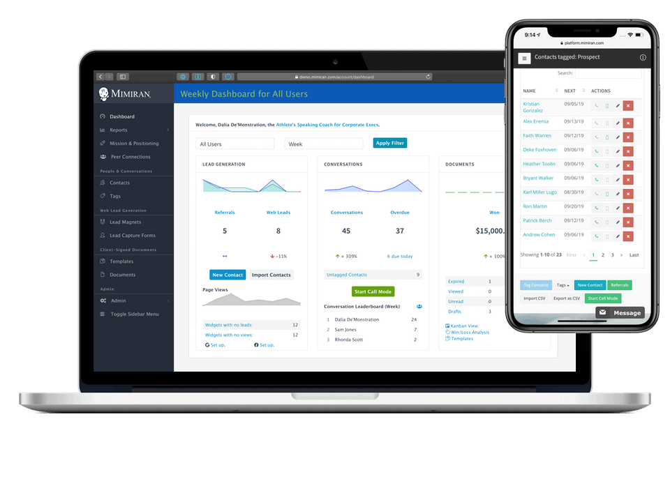 Mimiran CRM for solo consultants dashboard mobile